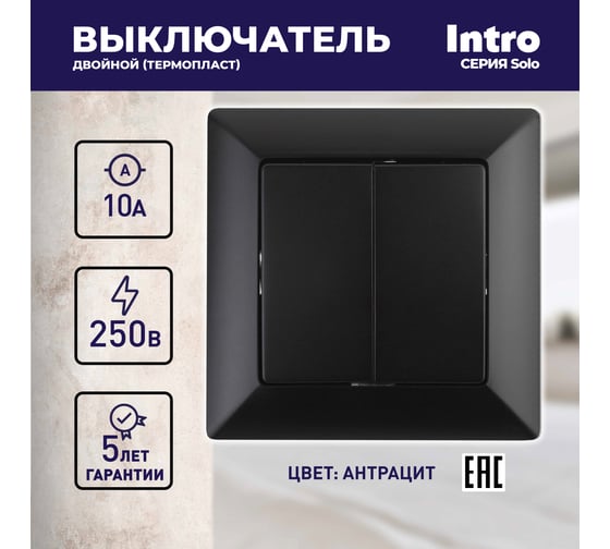Выключатель Intro Solo 4-104-05 двухклавишный 10А-250В, IP20, СУ, антрацит, Б0053589