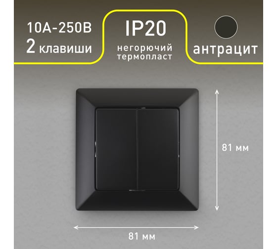 Выключатель Intro Solo 4-104-05 двухклавишный 10А-250В, IP20, СУ, антрацит, Б0053589