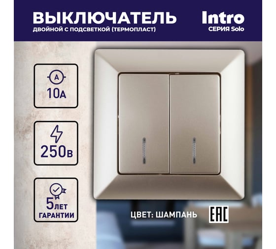 Выключатель Intro Solo 4-105-04 двухклавишный с подсветкой, 10А-250В, IP20, СУ, шампань, Б0053596