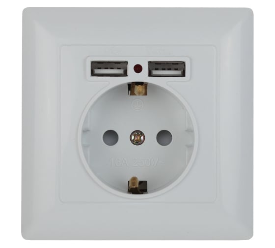 Розетка Intro Solo с заземлением P+E Schuko со шторками, 16А-250В + 2хUSB, IP20, СУ, белый, Б0053713