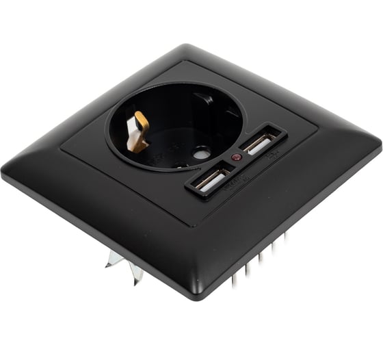 Розетка Intro Solo с заземл P+E Schuko со шторками, 16А-250В + 2хUSB, IP20, СУ, антрацит, Б0053717