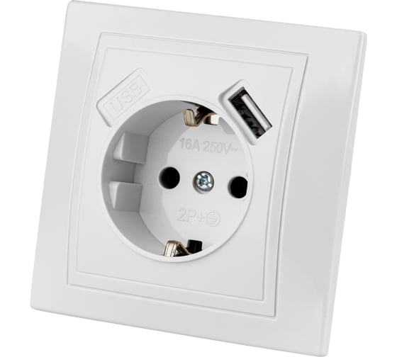 Розетка TDM ELECTRIC 2П+З с защитыми шторками 16А 250В + USB порт 2,1А 5В белая Таймыр SQ1814-0040 1