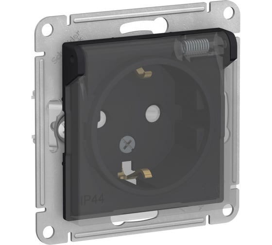 Розетка Systeme Electric AtlasDesign Aqua Карбон, с заземлением, со шторками, с прозрачной крышкой, 16А, IP44 ATN441046