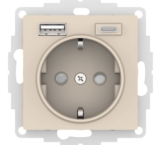 Розетка Systeme Electric ATLASDESIGN 16А с 2 USB A+C, 5В/2,4А/3,0А, 2x5В/1,5А, механизм, бежевый ATN000232 1
