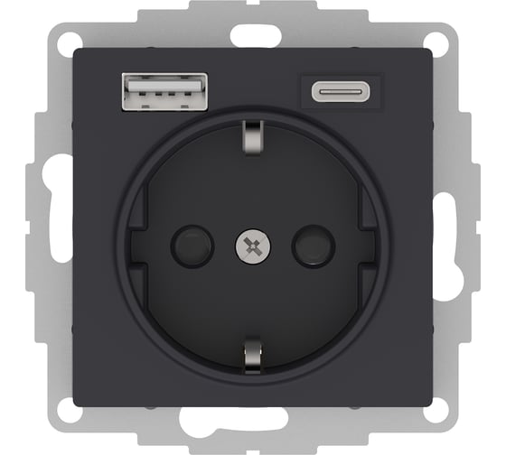 Розетка Systeme Electric ATLASDESIGN 16А с 2 USB A+С, 5В/2,4А/3,0А, 2x5В/1,5А, механизм, КАРБОН ATN001032