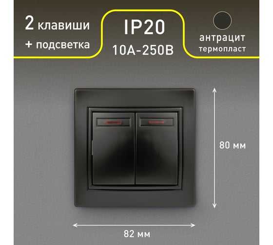 Выключатель Intro Plano 1-105-05 двухклавишный с подсветкой, 10А-250В, IP20, СУ, антрацит, Б0053780