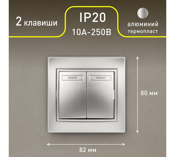 Выключатель Intro Plano 1-104-03 двухклавишный, 10А-250В, IP20, СУ, Plano, алюминий, Б0053762