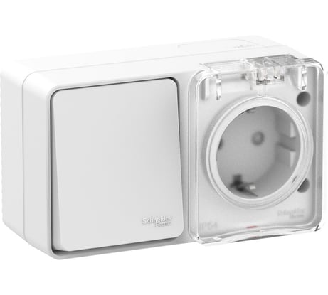 Блок: Розетка с заземлением со шторками, 16 АХ, 250 В, Выключатель 1-клавишный, 10 АХ, AtlasDesign Profi IP54, открытой установки, Белый Systeme Electric ATN540170