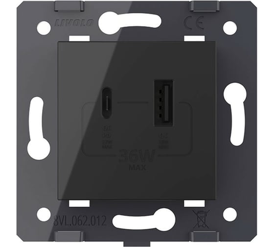 Розетка USB type C+A LIVOLO с блоком питания 36W, цвет черный (механизм) VL-FCUA18W.UC18W-2BP