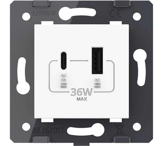 Розетка USB type C+A LIVOLO с блоком питания 36W, цвет белый (механизм) VL-FCUA18W.UC18W-2WP