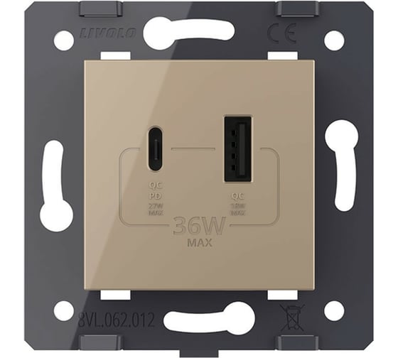 Розетка USB type C+A LIVOLO с блоком питания 36W, цвет золотой (механизм) VL-FCUA18W.UC18W-2AP