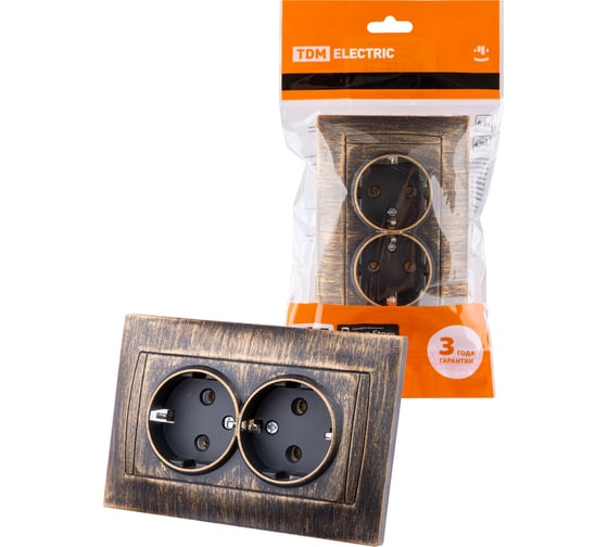 Двойная розетка TDM ELECTRIC 2П+З 16А 250В старинная бронза Лама SQ1815-0766 1
