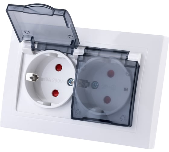 Двойная розетка TDM ELECTRIC 2П+З с защитными шторками и прозрачной крышкой 16А 250В IP44 белая Таймыр SQ1814-0077