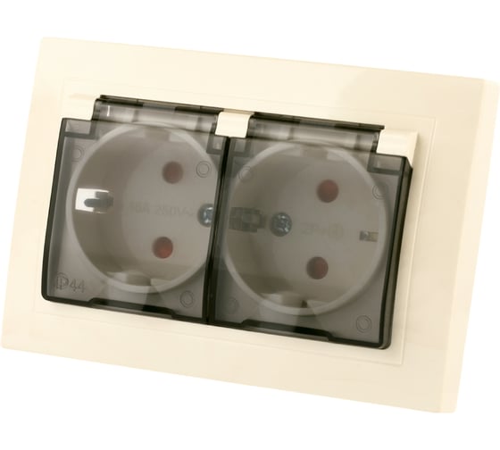 Двойная розетка TDM ELECTRIC 2П+З с защитными шторками и прозрачной крышкой 16А 250В IP44 слоновая кость Таймыр SQ1814-0177 1
