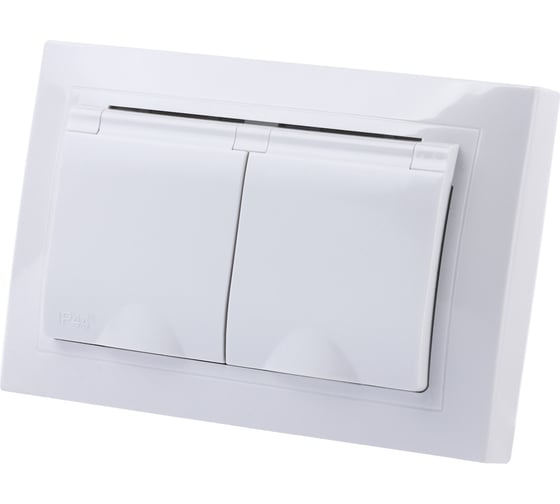 Двойная розетка TDM ELECTRIC 2П+З с защитными шторками и крышкой 16А 250В IP44 белая Таймыр SQ1814-0076