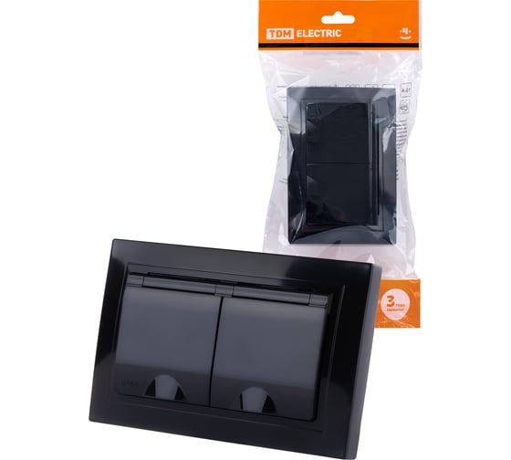 Двойная розетка TDM ELECTRIC 2П+З с защитными шторками и крышкой 16А 250В IP44 антрацит Таймыр SQ1814-0876