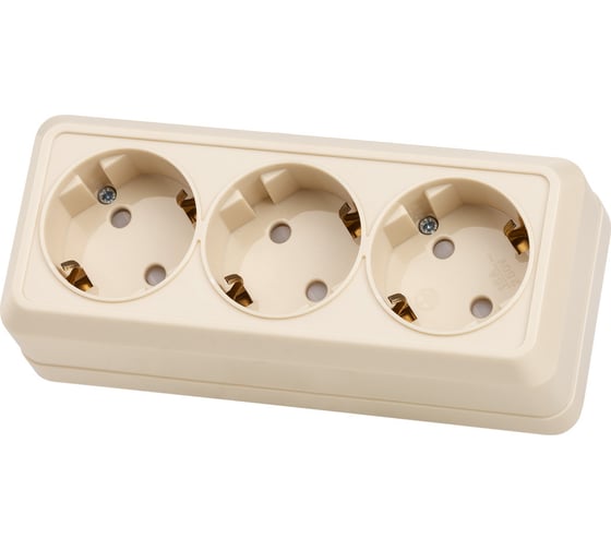 3-х местная горизонтальная розетка TDM ELECTRIC 2П+3 открытой установки IP20 16A с защитными шторками слоновая кость "Ладога" SQ1801-0227