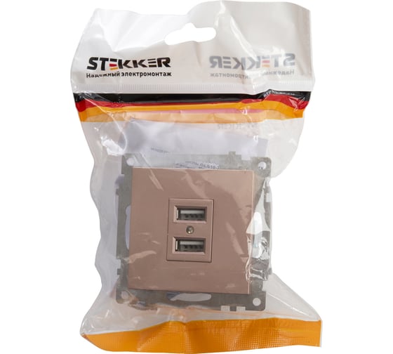 2-местная USB розетка (механизм) STEKKER GLS10-7115-02, 250B, 2,4А, серия Катрин, шампань 39602