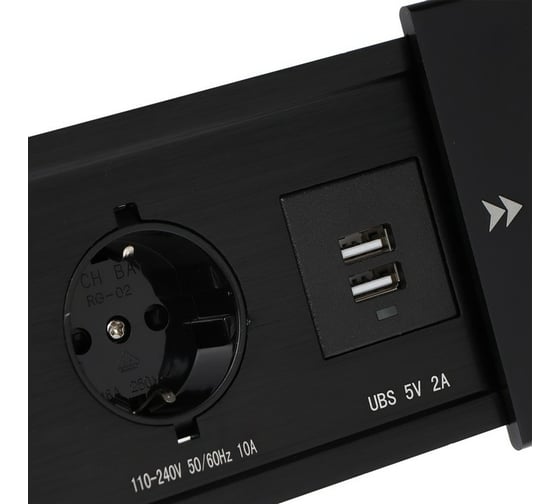 Розеточный блок в стол СИМАЛЕНД, сдвижная крышка, 10А, 2 розетки, 2xUSB, 2A, провод 1.8 м, черный 7451036
