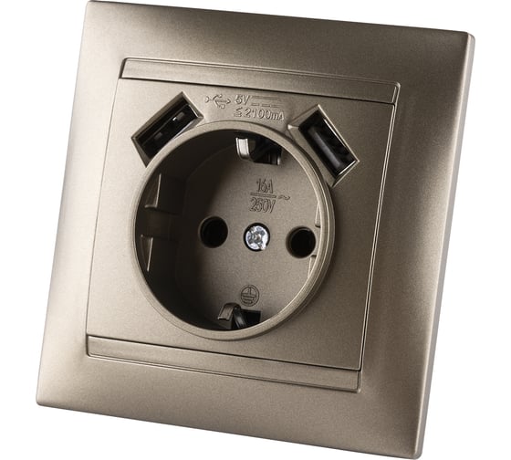 Розетка TDM ELECTRIC Лама 2П+З 16А 250В + 2 USB порта 2,1А 5В, бронза SQ1815-0742
