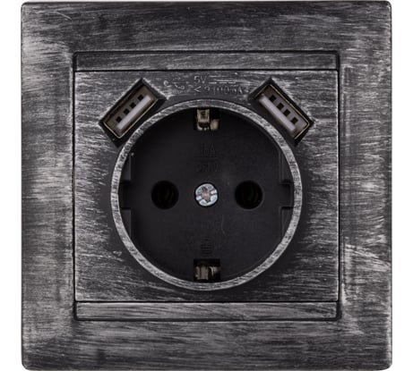Розетка 2П+З 16А 250В + 2 USB порта 2,1А 5В TDM ELECTRIC старинное серебро, серия "Лама" SQ1815-0669