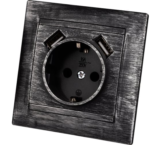 Розетка TDM ELECTRIC Лама 2П+З 16А 250В + 2 USB порта 2,1А 5В старинное серебро SQ1815-0669