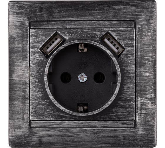 Розетка TDM ELECTRIC Лама 2П+З 16А 250В + 2 USB порта 2,1А 5В старинное серебро SQ1815-0669