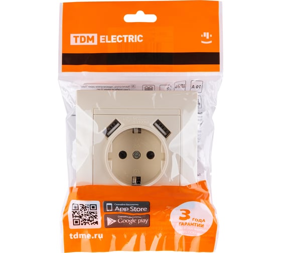 Розетка TDM ELECTRIC Лама 2П+З 16А 250В + 2 USB порта 2,1А 5В слоновая кость SQ1815-0142