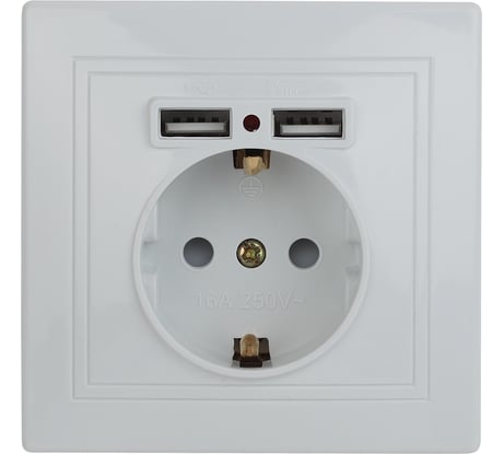 Розетка Intro Plano с заземлением 2P+E Schuko со шторками, 2хUSB 5В-2,1А, IP20, СУ, белый, Б0053942