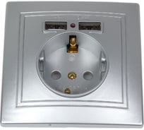 Розетка Intro Plano с заземлением 2P+E Schuko со шторками, 2хUSB 5В-2,1А, IP20, СУ, алюминий, Б0053944