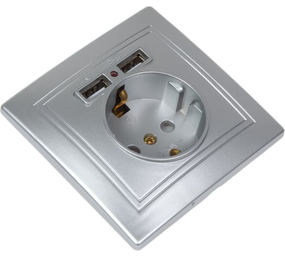 Розетка Intro Plano с заземлением 2P+E Schuko со шторками, 2хUSB 5В-2,1А, IP20, СУ, алюминий, Б0053944