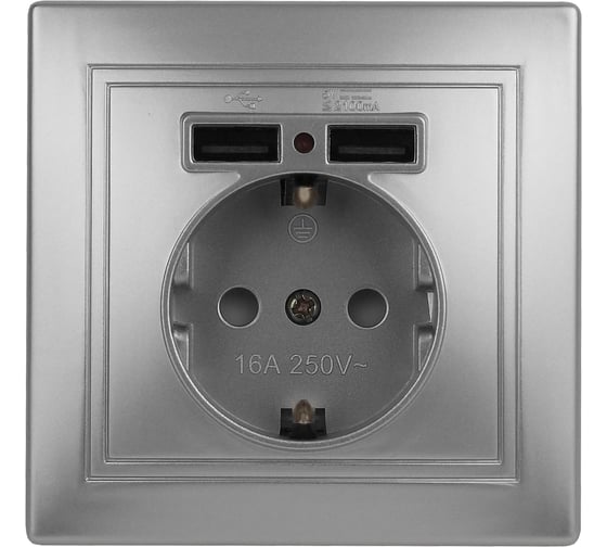 Розетка Intro Plano с заземлением 2P+E Schuko со шторками, 2хUSB 5В-2,1А, IP20, СУ, алюминий, Б0053944
