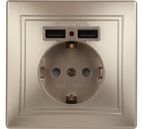 Розетка Intro Plano с заземлением 2P+E Schuko со шторками, 2хUSB 5В-2,1А, IP20, СУ, шампань, Б0053945