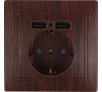 Розетка Intro Plano с заземлением 2P+E Schuko со шторками, 2хUSB 5В-2,1А, IP20, СУ, венге, Б0053948