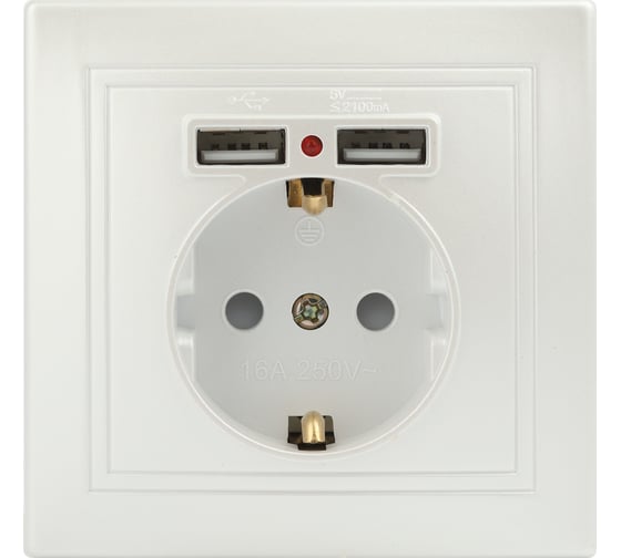 Розетка Intro Plano с заземлением 2P+E Schuko со шторками, 2хUSB 5В-2,1А, IP20, СУ, перламутр, Б0053947