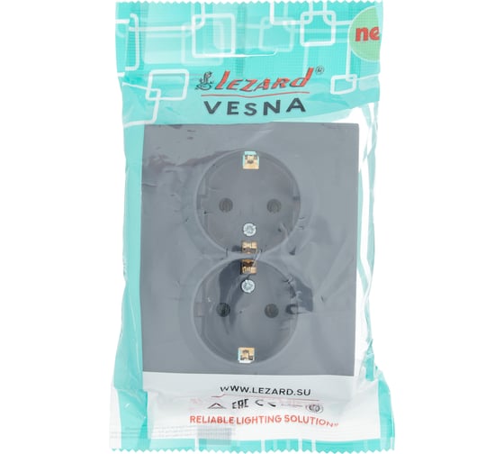 Двойная розетка Lezard VESNA с заземлением, керамика, графит 742-3400-127