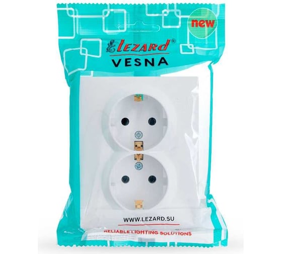 Двойная розетка Lezard VESNA с заземлением, ПБТ, белая 742-0200-127B
