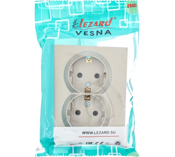 Двойная розетка Lezard VESNA с заземлением, ПБТ, титан 742-3700-127B