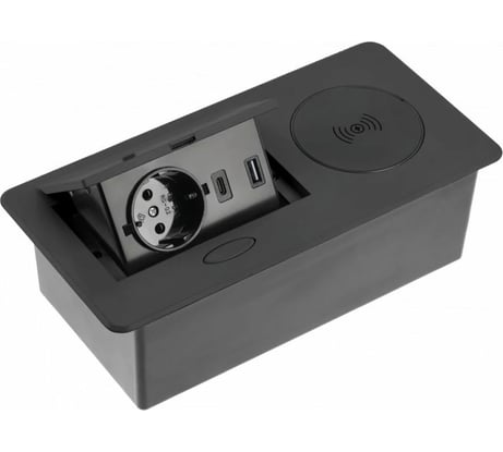 Выдвижной блок розеток GTV выдвижная розетка на 1 EURO розетку и 2 USB-A+C, беспроводная зарядка, черный, AE-PB1SAVAP-20