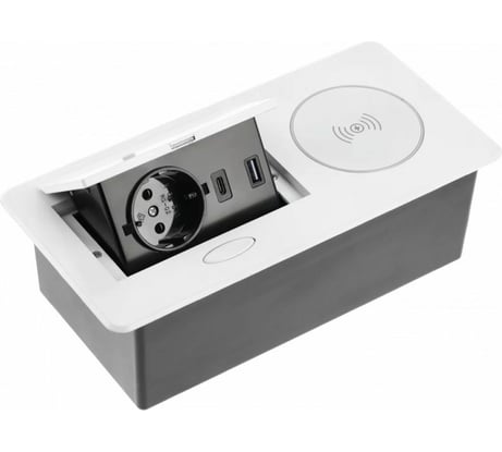 Выдвижной блок розеток GTV выдвижная розетка на 1 EURO розетку и 2 USB-A+C, беспроводная зарядка, белый, AE-PB1SAVAP-10