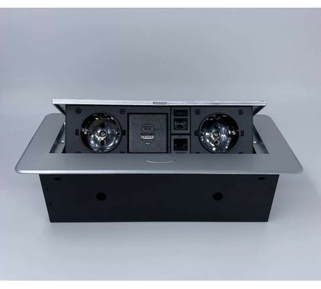 Выдвижной встраиваемый блок розеток Inrior выдвижная розетка, на 2 EURO розетки, 2 RJ45 и 2 USB-A+C, серый, TORO-55-80