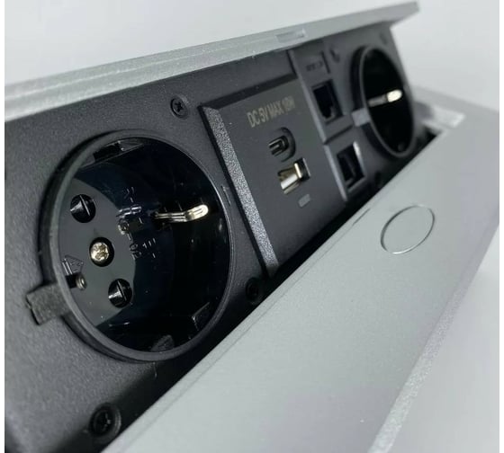 Выдвижной встраиваемый блок розеток Inrior выдвижная розетка, на 2 EURO розетки, 2 RJ45 и 2 USB-A+C, серый, TORO-55-80