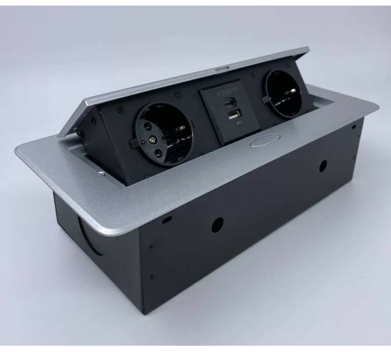 Выдвижной встраиваемый блок розеток Inrior выдвижная розетка, на 2 EURO розетки и 2 USB-A+C, серый, TORO-33-80