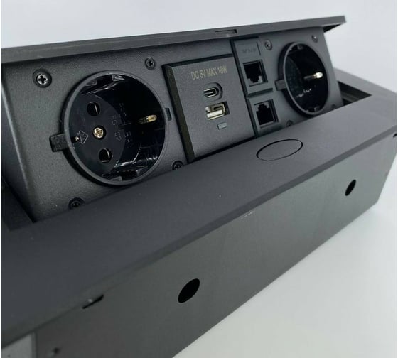 Выдвижной встраиваемый блок розеток Inrior выдвижная розетка, на 2 EURO розетки, 2 RJ45 и 2 USB-A+C, черный, TORO-55-20