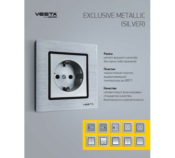 Одинарная розетка Vesta Electric Exclusive Silver Metallic с заземлением с крышкой FRZ00041013SER