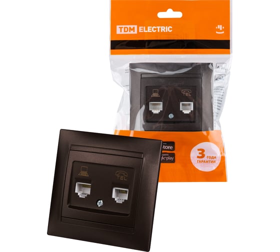Телефонная розетка TDM ELECTRIC RJ11 + компьютерная RJ45, шоколад, Лама SQ1815-0519 1