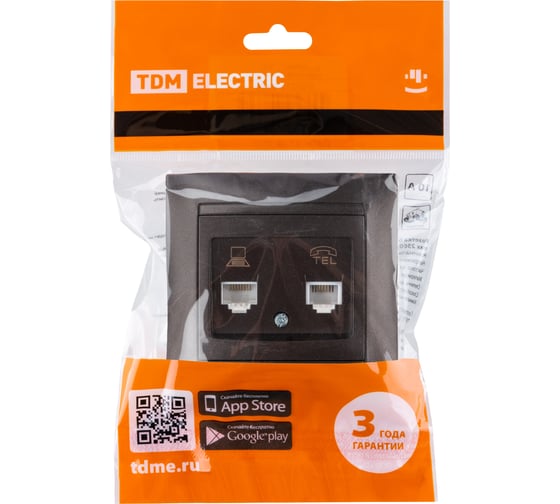 Телефонная розетка TDM ELECTRIC RJ11 + компьютерная RJ45, шоколад, Лама SQ1815-0519