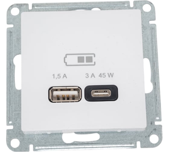 Розетка USB Systeme Electric ATLASDESIGN A + тип-C 45W высокоскор.заряд. QC, PD, механизм, БЕЛЫЙ ATN000129