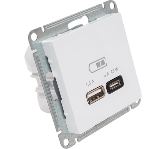 Розетка USB Systeme Electric ATLASDESIGN A + тип-C 45W высокоскор.заряд. QC, PD, механизм, БЕЛЫЙ ATN000129