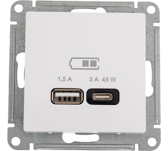 Розетка USB Systeme Electric ATLASDESIGN A + тип-C 45W высокоскор.заряд. QC, PD, механизм, БЕЛЫЙ ATN000129 1